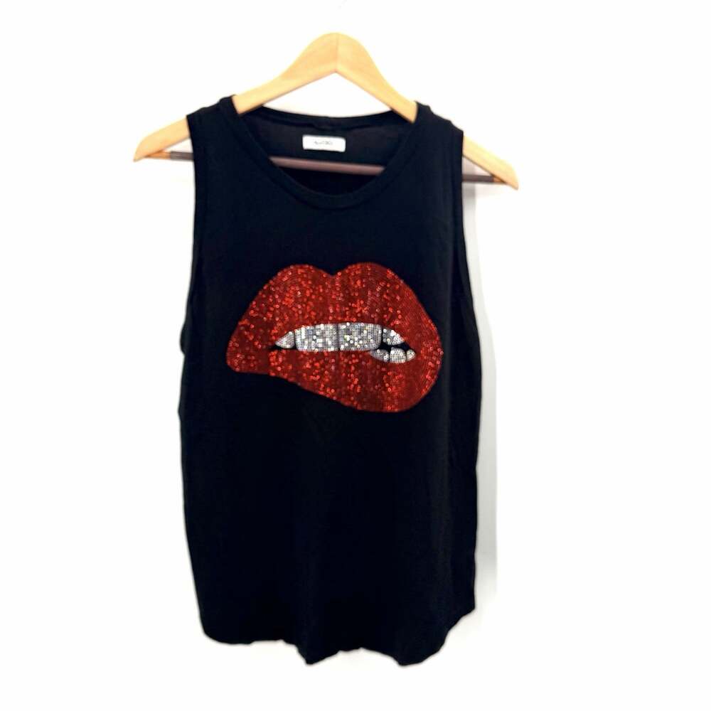 Lauren Moshi Edda Rhinestone Biting Lip Tank Top Black Y2K Grunge Womens Large